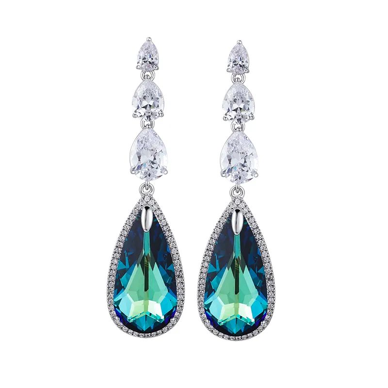 Glowing Rhinestone Blue Glass Waterdrop Copper Pendant Women Jewelry Earrings