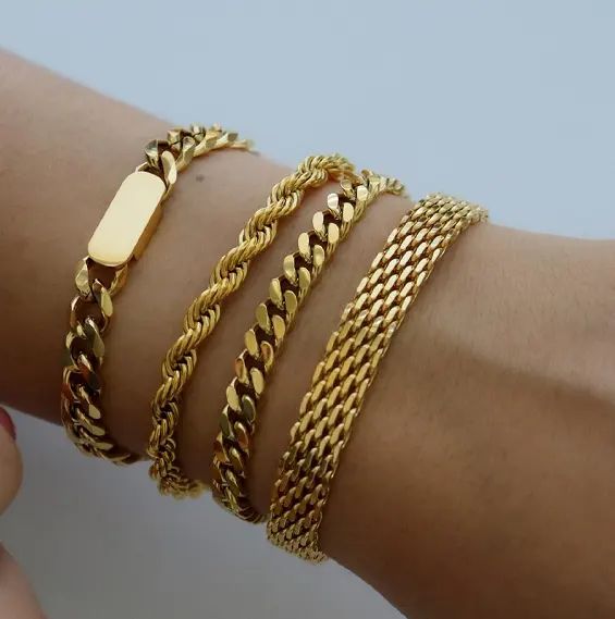Vintage Women Bijoux En Aci Inoxyd Tarnish Free 18k Gold Plated Stainless Steel Link Chain Bracelet Wide Mesh Belt Bracelets