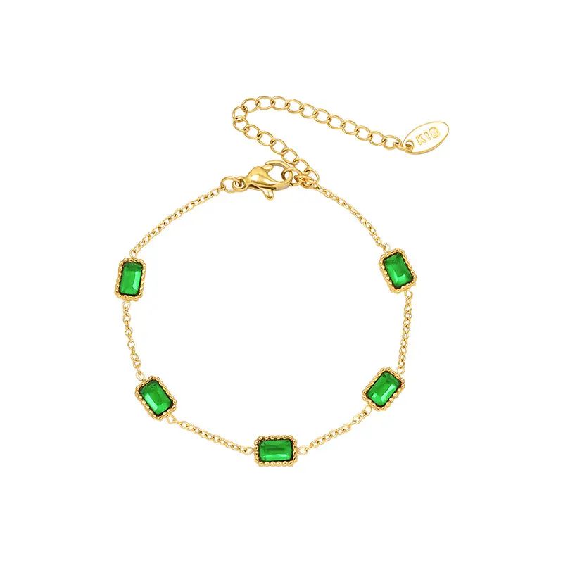 Aretas Natural Emerald Bracelet Stainless Steel Trendy Jewelry Sets Bangle Square Green Cubic Zirconia Stones Bracelets For Wome