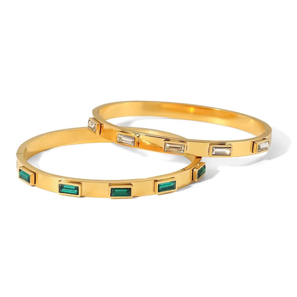 Aretas high quality luxury dubai 18k gold crystal love cuff green white baguette stone cuban zirconia bangle bracelet for women