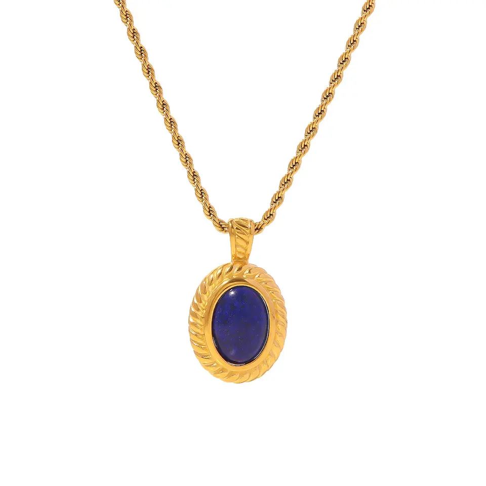 Aretas Vintage Statement Cool Girl 18k Gold Stainless Steel Style Dark Sapphire Oval Pendant Necklace