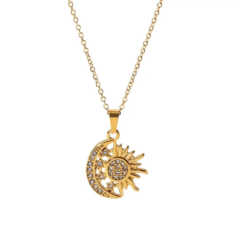 Aretas Crescent Moon Stainless Steel Gold Plated Necklace Crystal Diamond Cubic Zirconia Sun Moon Star Pendant Blings Necklaces