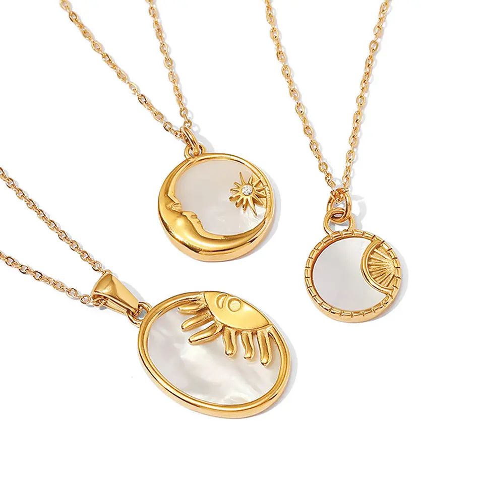 Aretas Vintage 18k Gold Plated Zircon Sun Moon Star Shell Oval Pendant Customized Beach Necklace Stainless Steel Women Necklaces