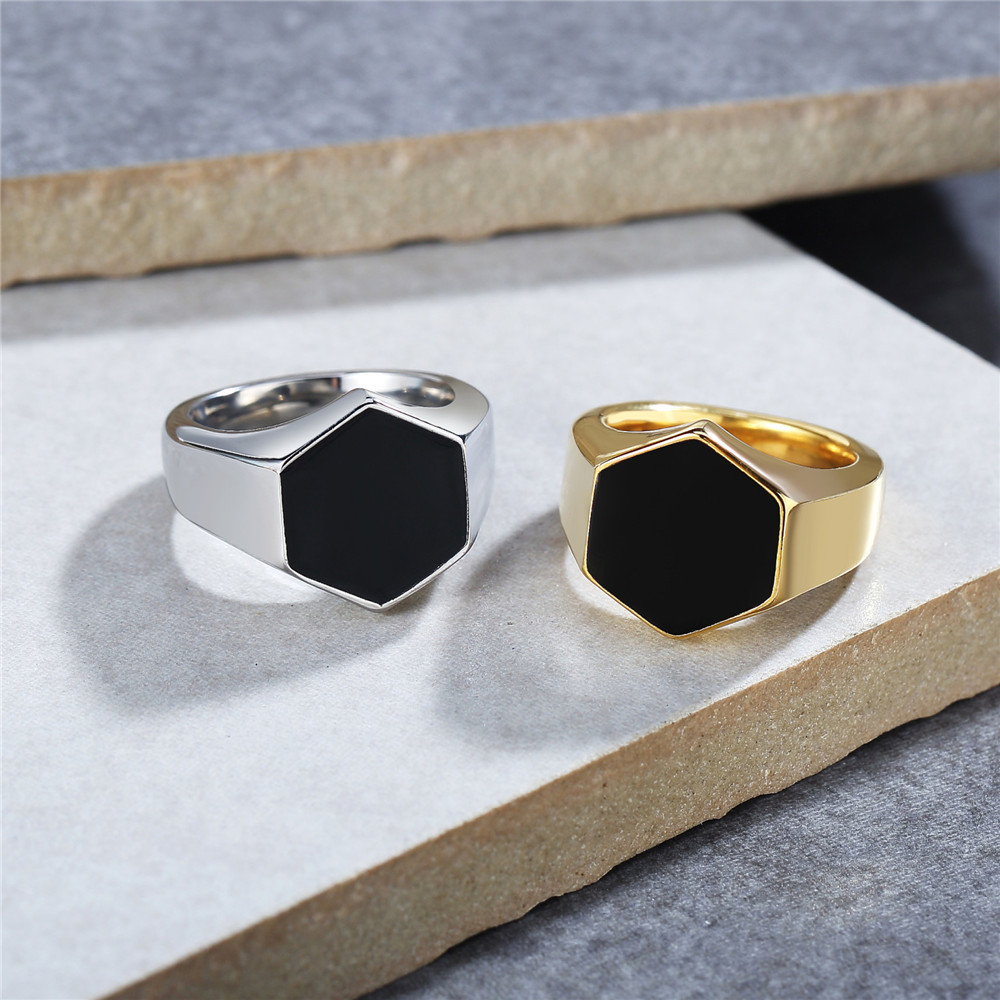Personality Fashion stainless steel shiny black drip ring irregular hexagonal men's ring