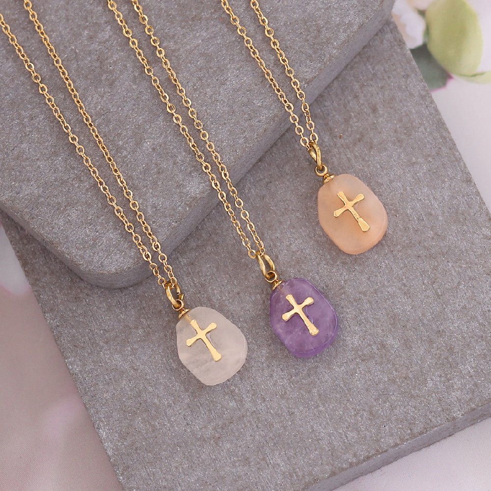 Natural stone cross necklace women's simple clavicle chain stainless steel collar ornaments