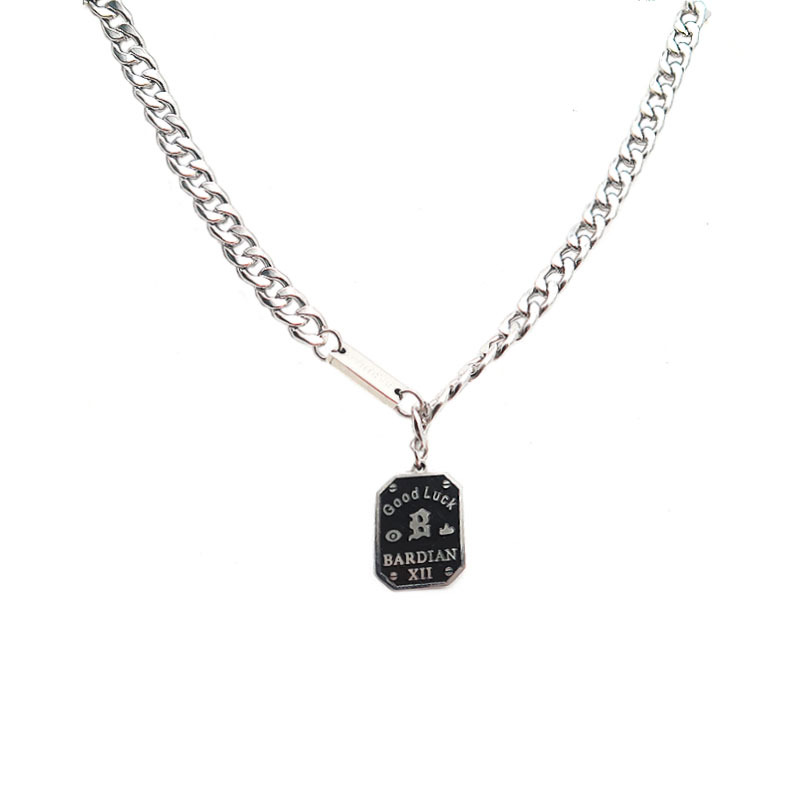 Vintage black square necklace Men's niche high design sense titanium steel pendant stainless steel everything hip hop Cuban chain