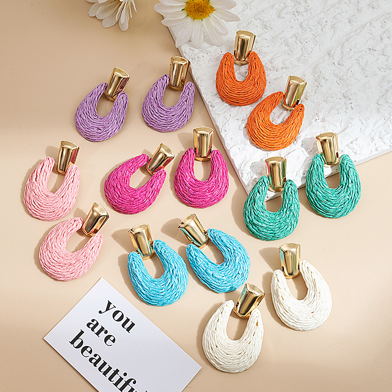 Geometric hollow round solid color earrings hand-woven holiday earrings