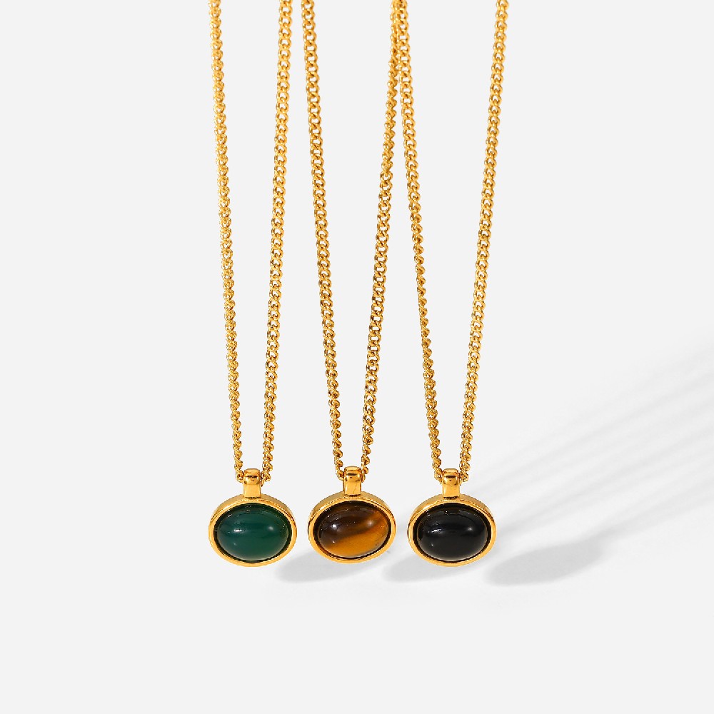 Stylish vintage Oval natural stone pendant necklace INS style 18K gold plated stainless steel collar for women's accessories