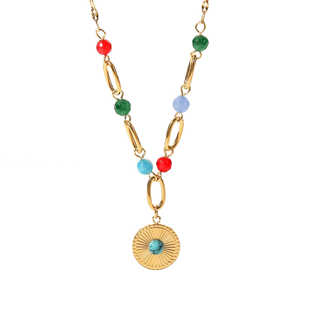 Fashion vintage INS style collar 18K gold stainless steel disc inlaid with turquoise pendant titanium steel necklace women
