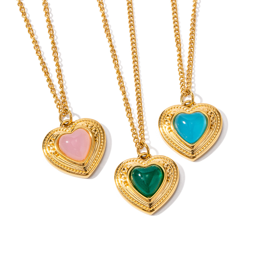All vintage love heart shape color natural stone pendant titanium steel women geometric necklace new wholesale