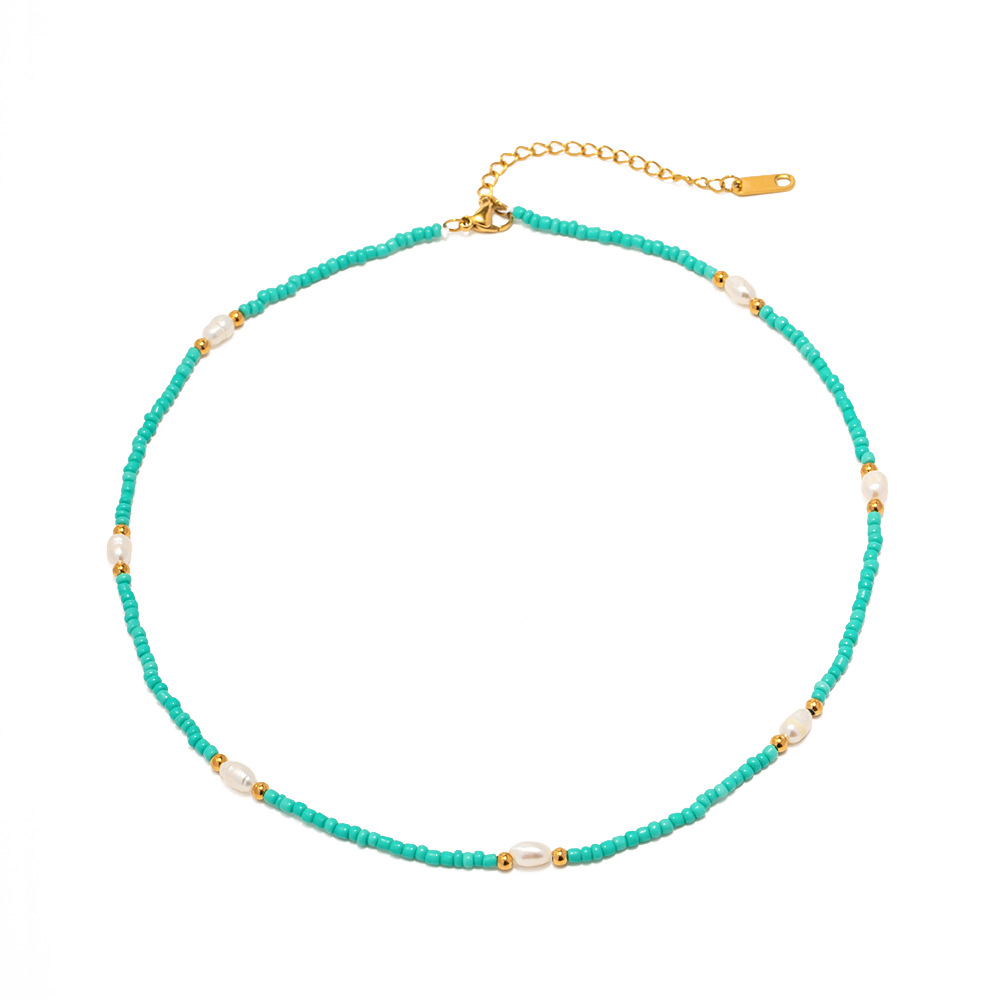 ins style necklaces cross-border fashion all-match titanium steel white pearl blue millet bead necklace jewelry wholesale